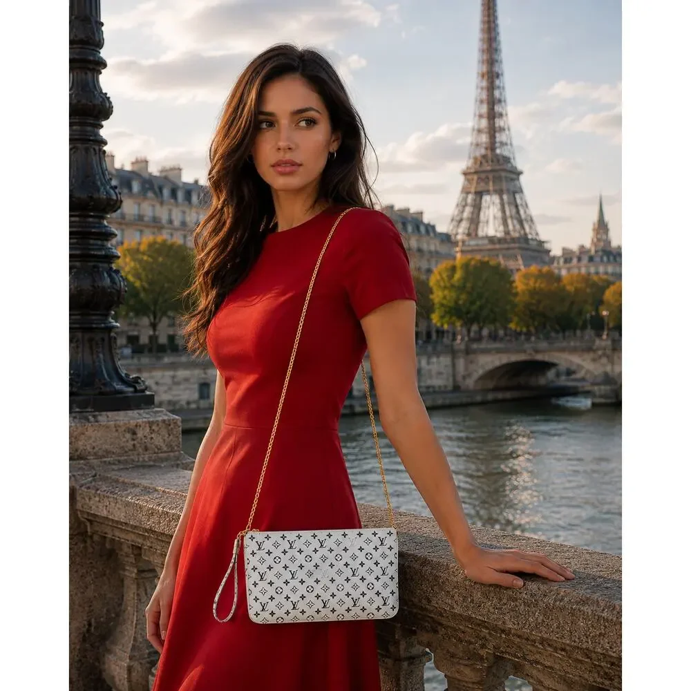 Louis Vuitton Pochette MM Bag Black White Pouch Wristlet Mini Monogram LTD Rare